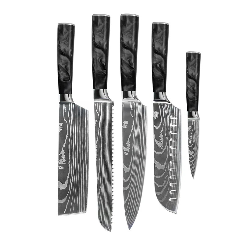 Shinrai Knives - Juego de 5 cuchillos de ónix epoxi con estampado de Damasco: cuchillo de chef, cuchillo de pan, nakiri, santoku y cuchillo para pelar