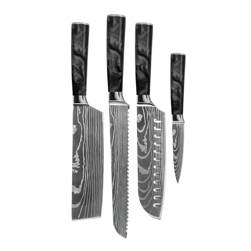 Shinrai Knives - Juego de 4 cuchillos de ónix epoxi con estampado de Damasco: Santoku, cuchillo para pan, nakiri y cuchillo para pelar