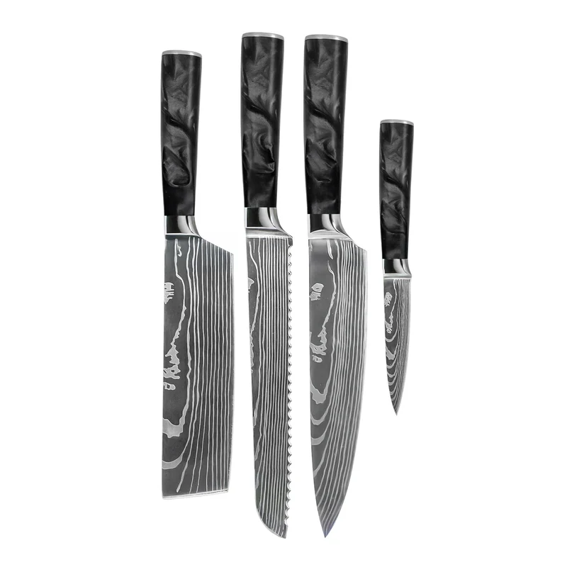 Shinrai Knives - Juego de 4 cuchillos de ónix epoxi con estampado de Damasco: cuchillo de chef, cuchillo de pan, nakiri y cuchillo para pelar