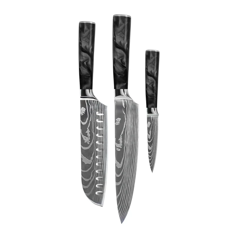 Shinrai Knives - Juego de 3 cuchillos de ónix epoxi con estampado de Damasco: cuchillo de chef, santoku y cuchillo para pelar