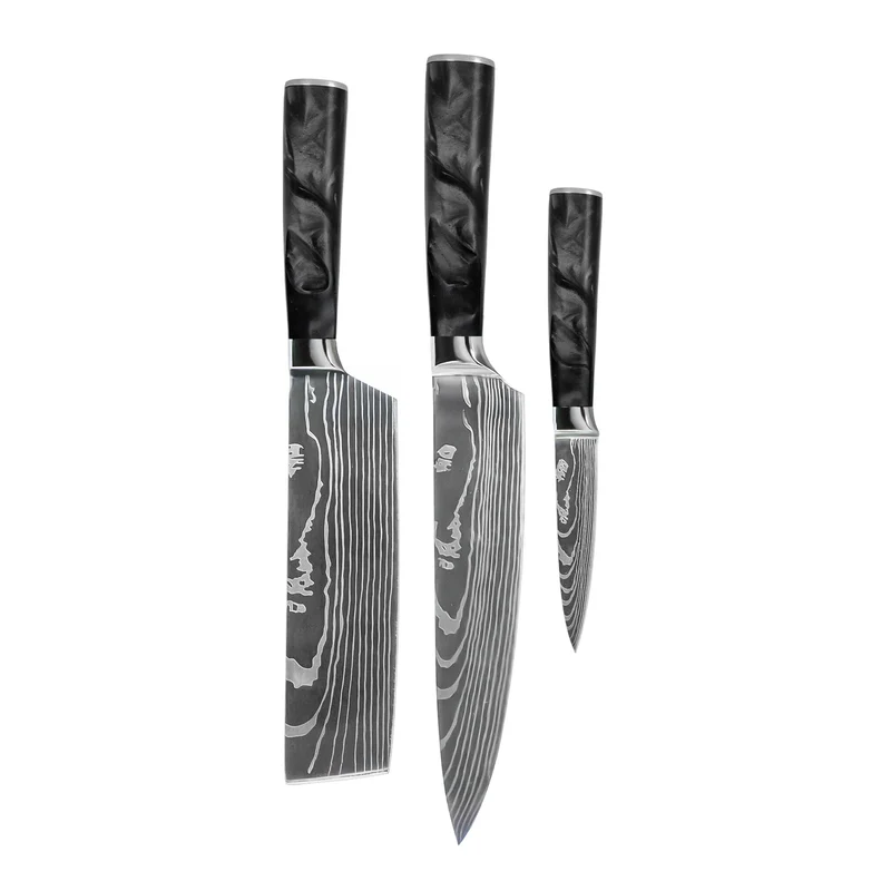 Shinrai Knives - Juego de 3 cuchillos de ónix epoxi con estampado de Damasco: cuchillo de chef, nakiri y cuchillo para pelar