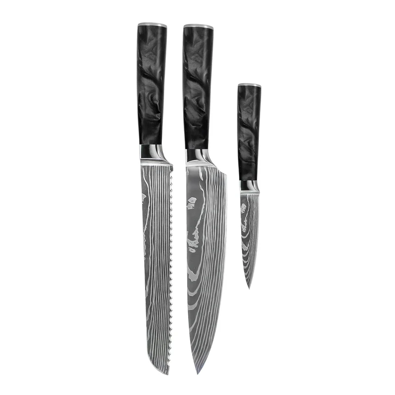 Shinrai Knives - Juego de 3 cuchillos de ónix epoxi con estampado de Damasco: cuchillo de chef, cuchillo de pan y cuchillo para pelar