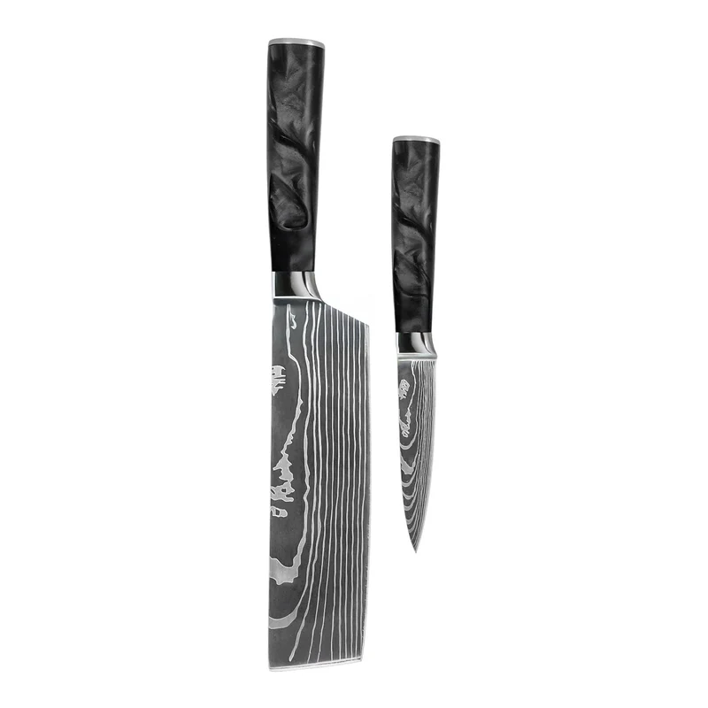 Shinrai Knives - Juego de 2 cuchillos de ónix epoxi con estampado de Damasco: nakiri y cuchillo para pelar