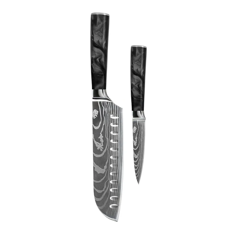Shinrai Knives - Juego de 2 cuchillos de ónix epoxi con estampado de Damasco: Santoku y cuchillo para pelar
