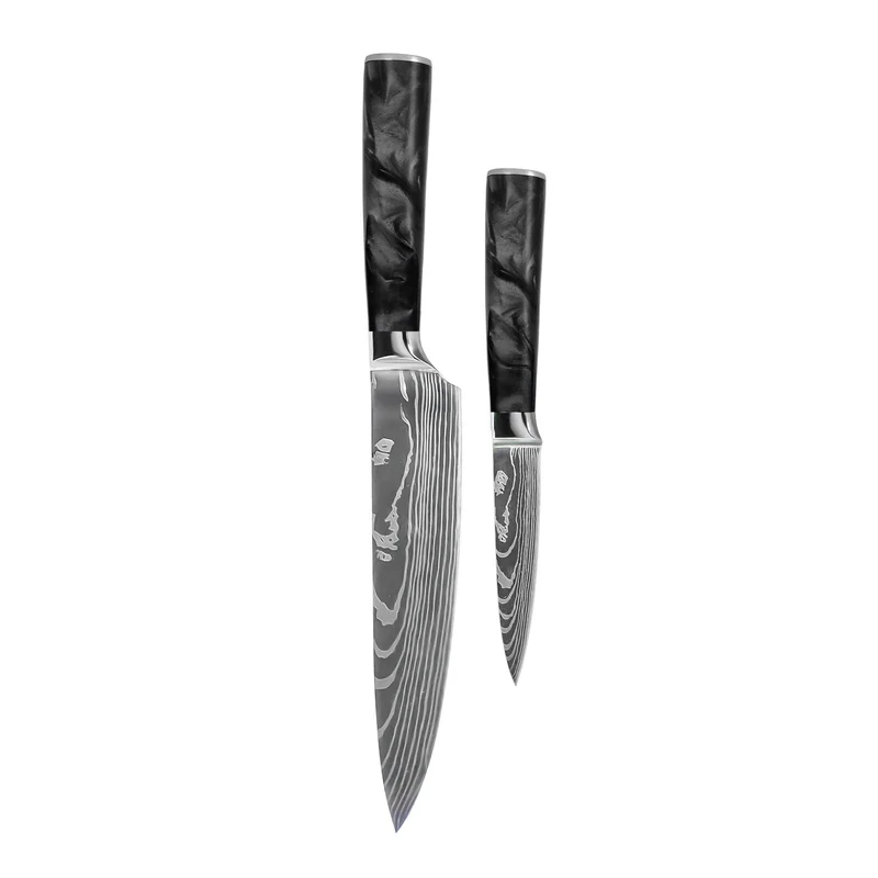 Shinrai Knives - Juego de 2 cuchillos de ónix epoxi con estampado de Damasco: cuchillo de chef y cuchillo para pelar