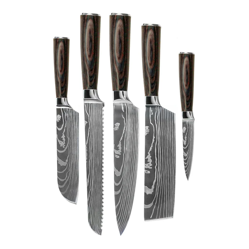 Shinrai Knives - Juego de 5 cuchillos con estampado de Damasco: cuchillo de chef, cuchillo de pan, nakiri, santoku pequeño y cuchillo para pelar