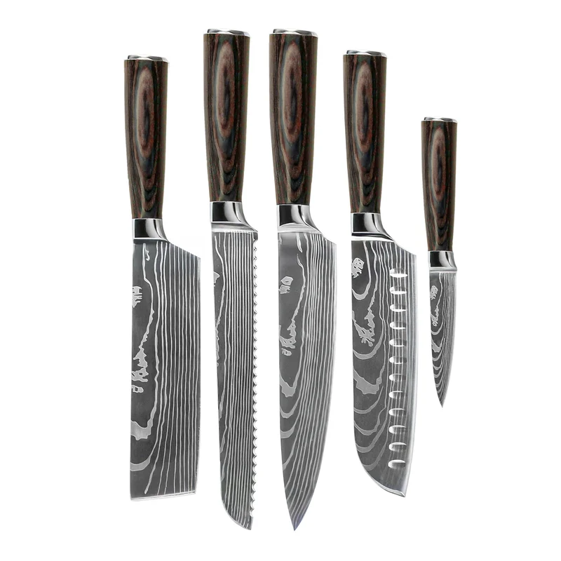 Shinrai Knives - Juego de cuchillos con estampado de Damasco de 5 piezas - Cuchillo de chef + Cuchillo para pan + Nakiri + Santoku + Cuchillo pelador