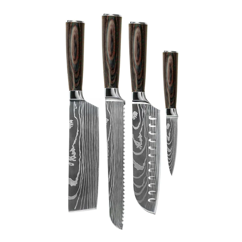 Shinrai Knives - Juego de 4 cuchillos con estampado de Damasco: Santoku, cuchillo para pan, nakiri y cuchillo para pelar