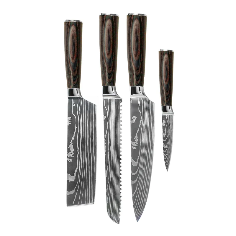 Shinrai Knives - Juego de 4 cuchillos con estampado de Damasco: cuchillo de chef, cuchillo de pan, nakiri y cuchillo para pelar