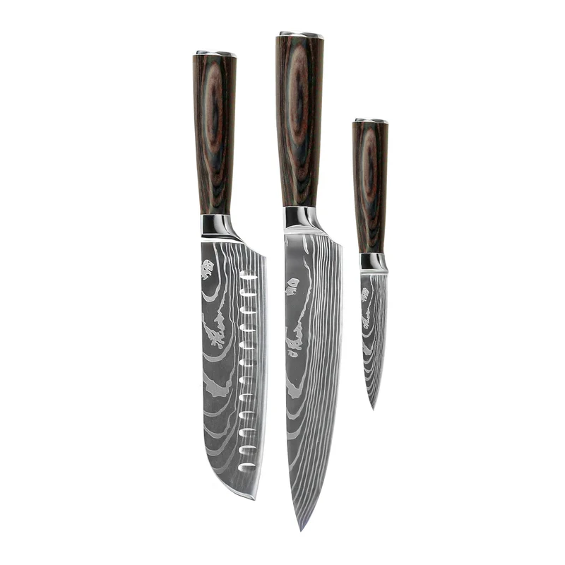 Shinrai Knives - Juego de 3 cuchillos con estampado de Damasco: cuchillo de chef, santoku y cuchillo para pelar