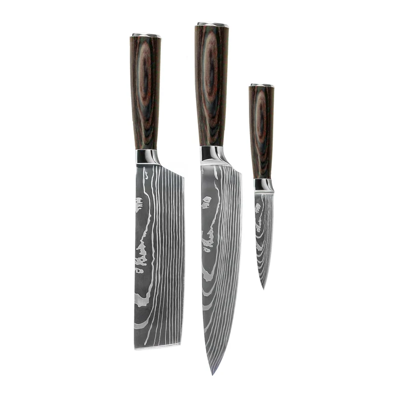 Shinrai Knives - Juego de 3 cuchillos con estampado de Damasco: cuchillo de chef, nakiri y cuchillo para pelar