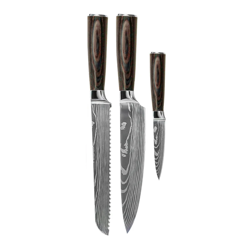 Shinrai Knives - Juego de 3 cuchillos con estampado de Damasco: cuchillo de chef, cuchillo de pan y cuchillo para pelar