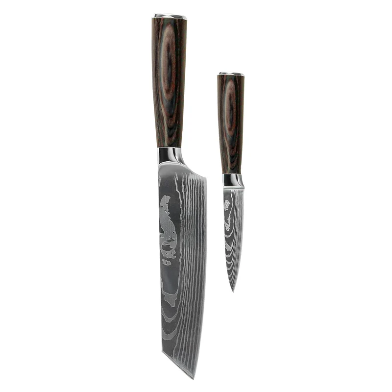 Shinrai Knives - Juego de 2 cuchillos con estampado de Damasco - Kiritsuke + cuchillo para pelar