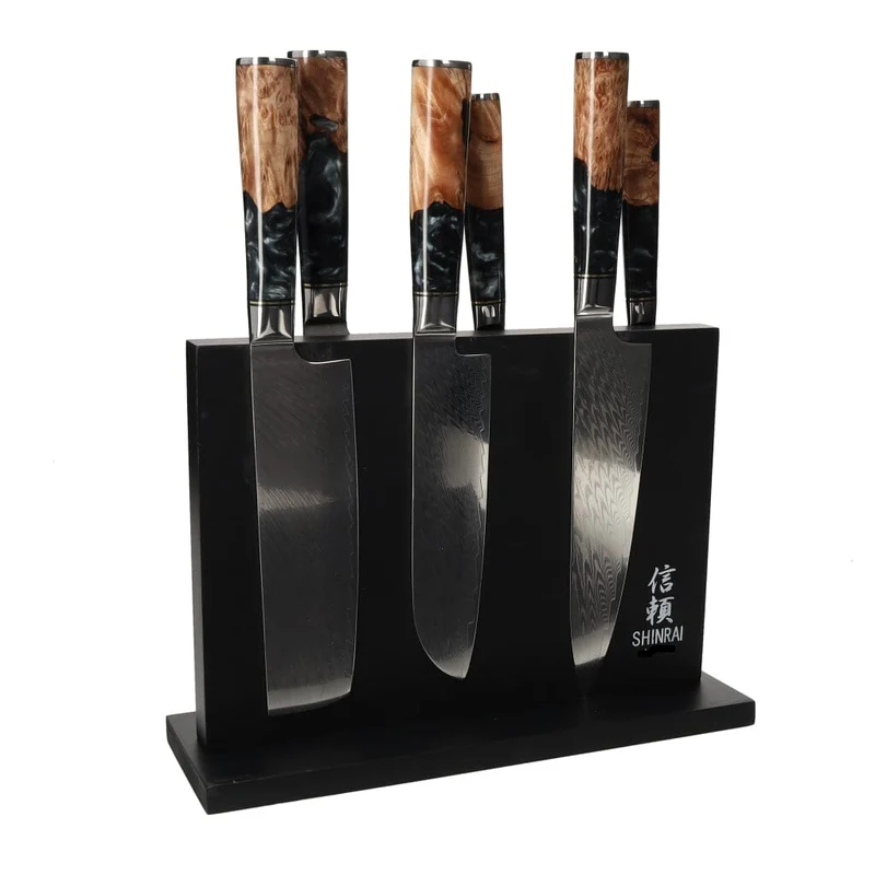 Shinrai Japan - Juego de cuchillos Damasco Epoxy Onyx de 6 piezas + bloque de cuchillos magnético de doble cara - Negro