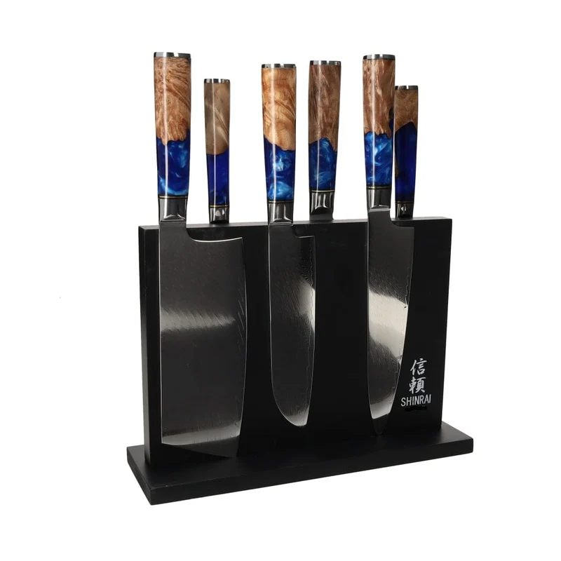 Shinrai Japan - Juego de cuchillos Damasco Epoxy Sapphire de 6 piezas + bloque de cuchillos magnético de doble cara - Negro