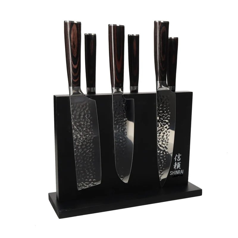 Shinrai Japan - Juego de cuchillos de 6 piezas de acero inoxidable martillado + bloque de cuchillos magnético de doble cara - Negro