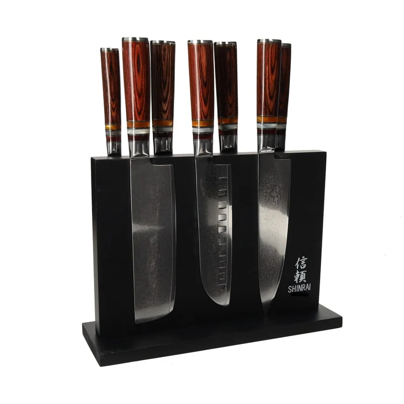Shinrai Japan - Micarta Jewels Juego de cuchillos Damasco de 7 piezas + bloque de cuchillos magnético de doble cara - Negro