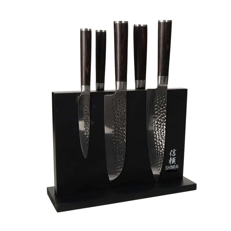 Shinrai Japan - Juego de cuchillos Hammered Damask BR de 5 piezas + bloque de cuchillos magnético de doble cara - Negro