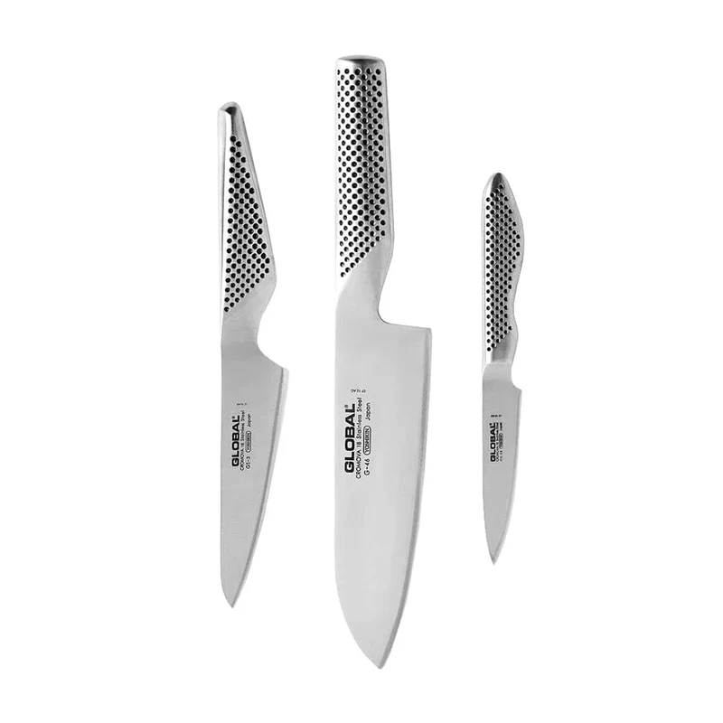 Global - G-46338 Cuchillo Santoku + Cuchillo para carne + Cuchillo mondador