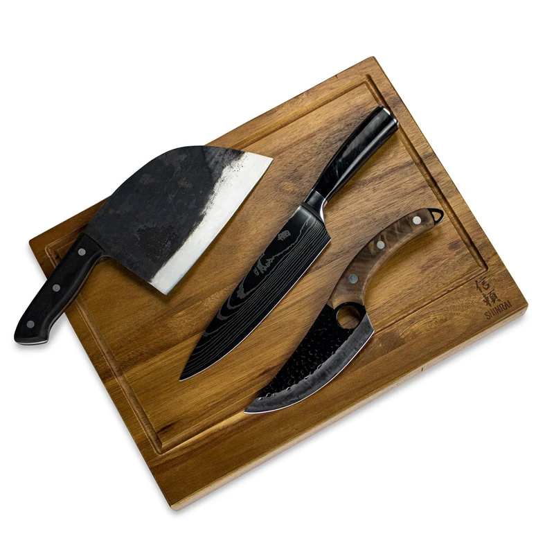Shinrai Japón - 3 cuchillos forjados marrones + tabla de cortar