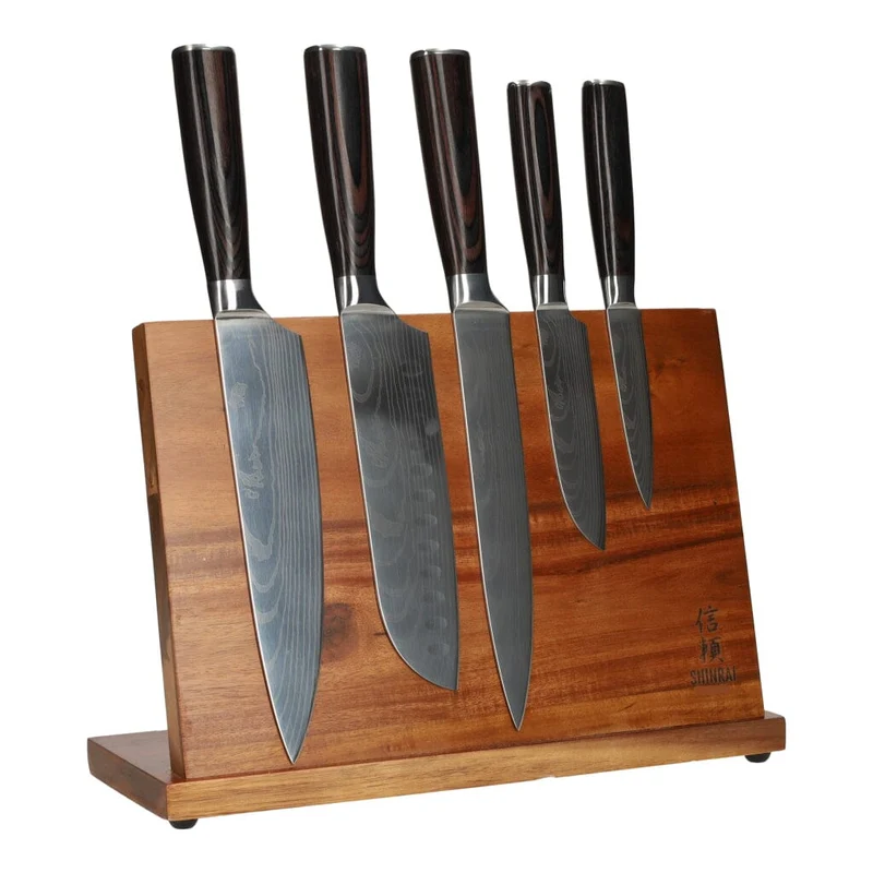 Juego de cuchillos estampado Damasco 5 piezas + Soporte Acacia Una cara