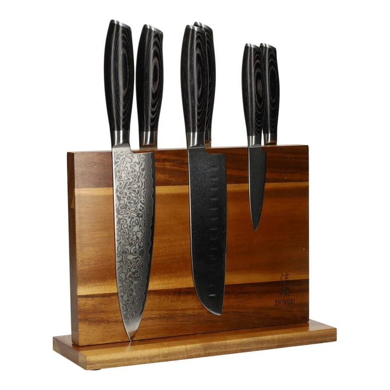Shinrai Japan - Juego de cuchillos de madera Damasco Pakka de 6 piezas + bloque magnético para cuchillos