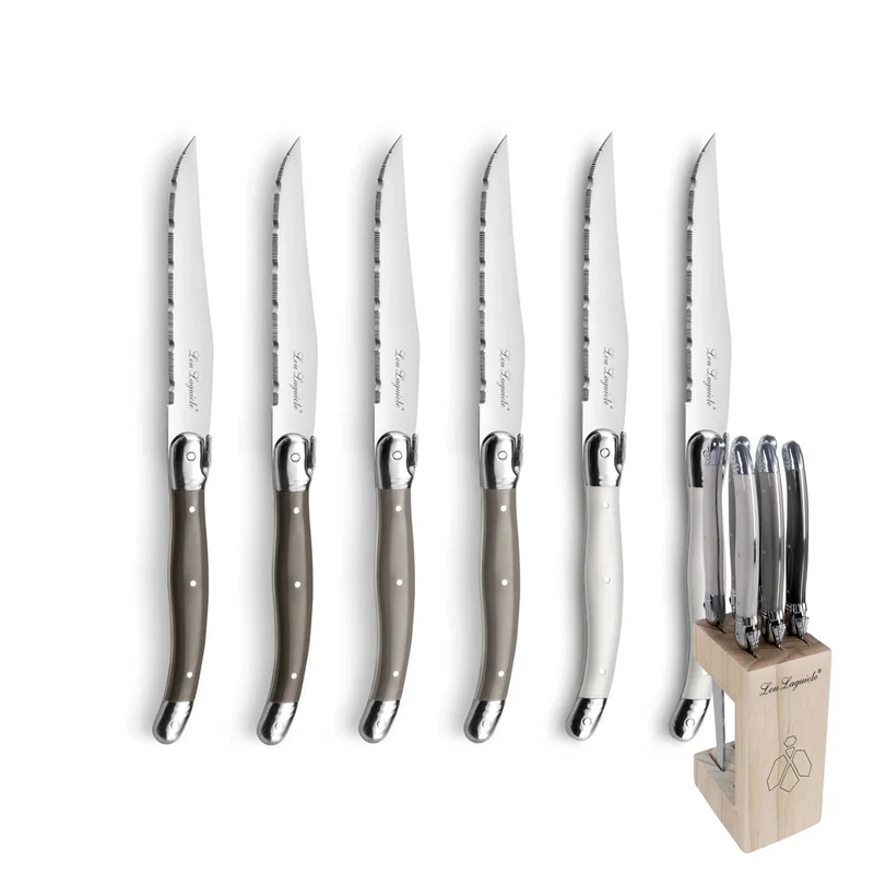 Lou Laguiole - Tradition 6 cuchillos para carne + bloque de cuchillos - Pimienta/Perla/Taupe