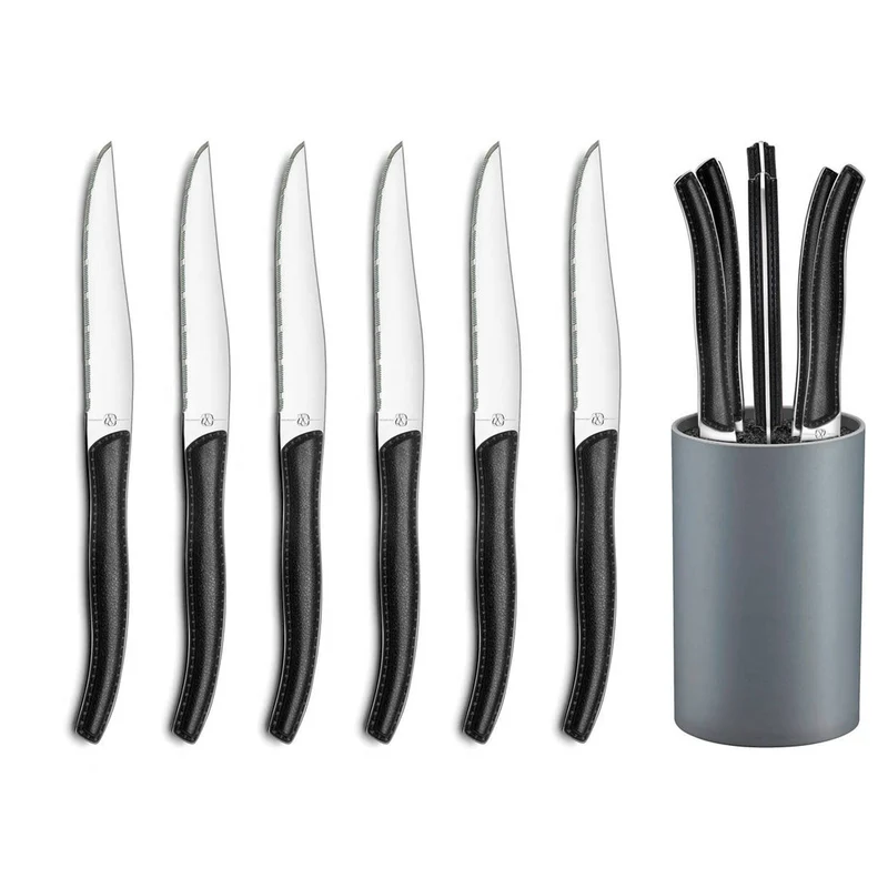 Lou Laguiole - Cuchillos para carne Sky 6 + bloque de cuchillos - Negro