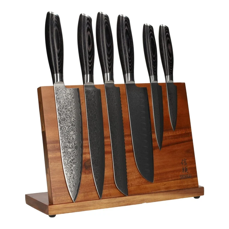 Shinrai Japan - Juego de cuchillos de madera Damasco Pakka de 6 piezas + bloque magnético para cuchillos