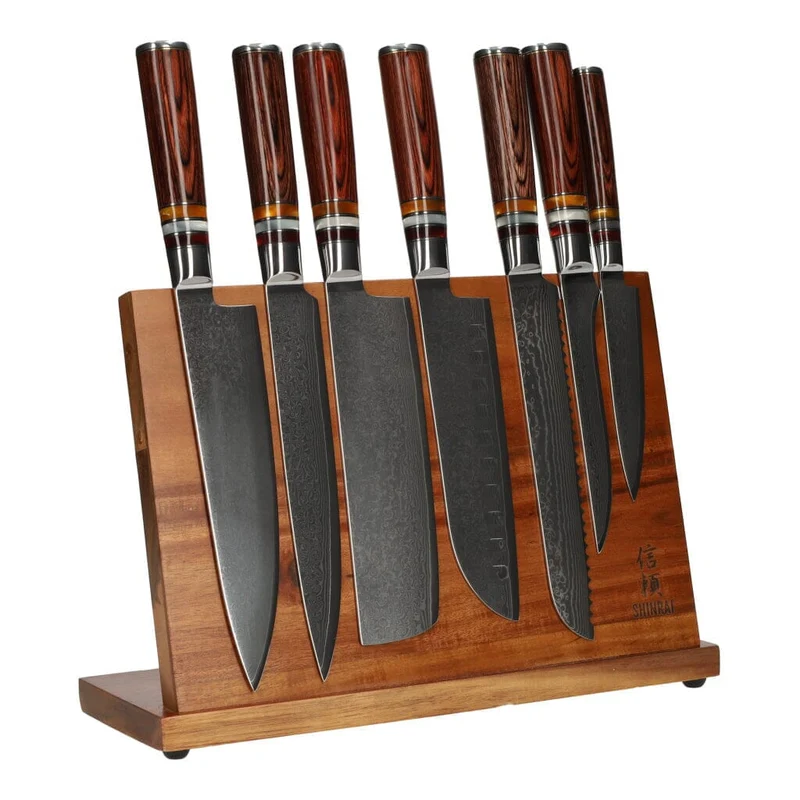 Micarta Jewels Juego de Cuchillos Damasco de 7 Piezas + Soporte de Acacia de una sola cara