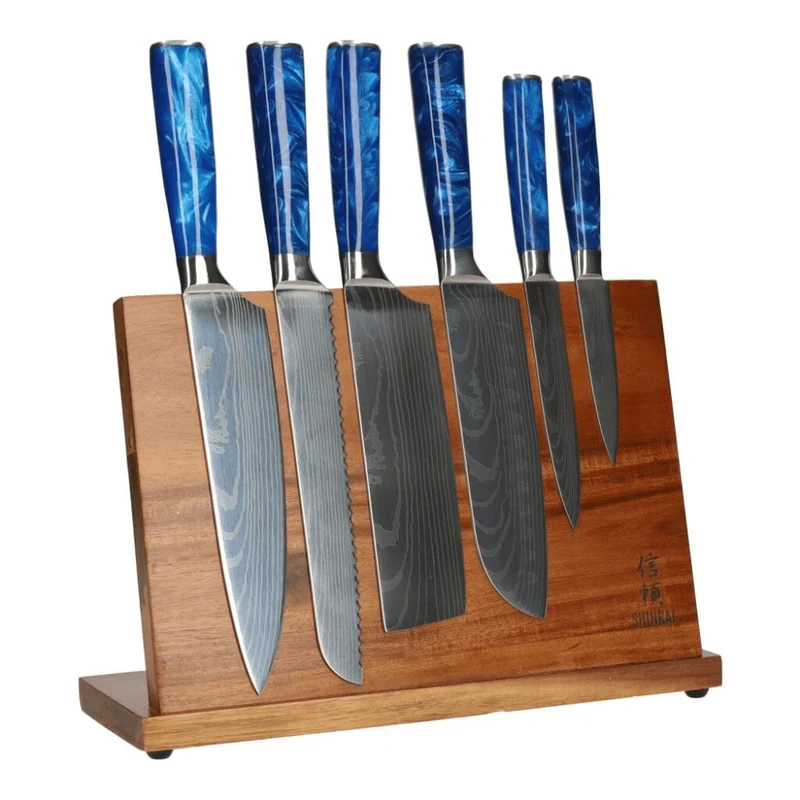 Shinrai Japan - Juego de cuchillos de 6 piezas con estampado Epoxy Sapphire Damascus + soporte de acacia de una sola cara