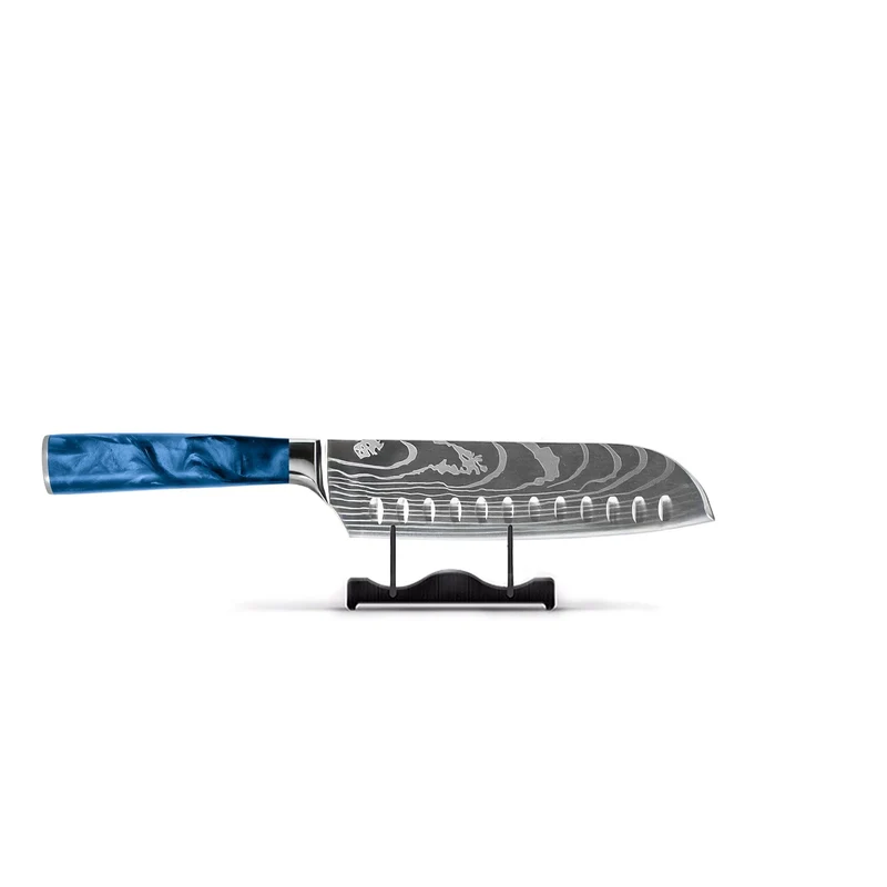 Zafiro epoxi con estampado de Damasco japonés - Cuchillo Santoku