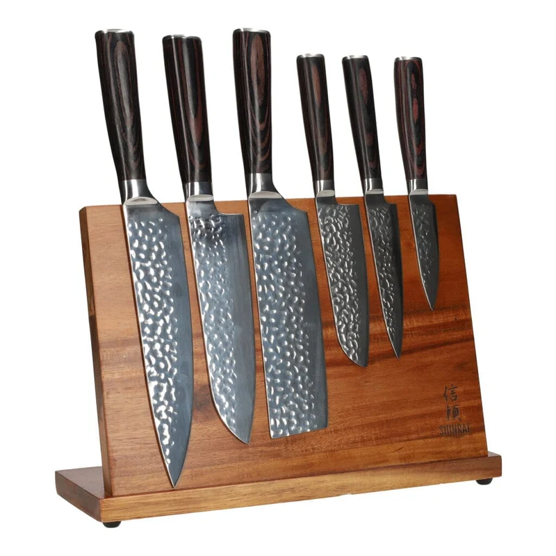 Juego de cuchillos de 6 piezas de acero inoxidable martillado + soporte de acacia unilateral