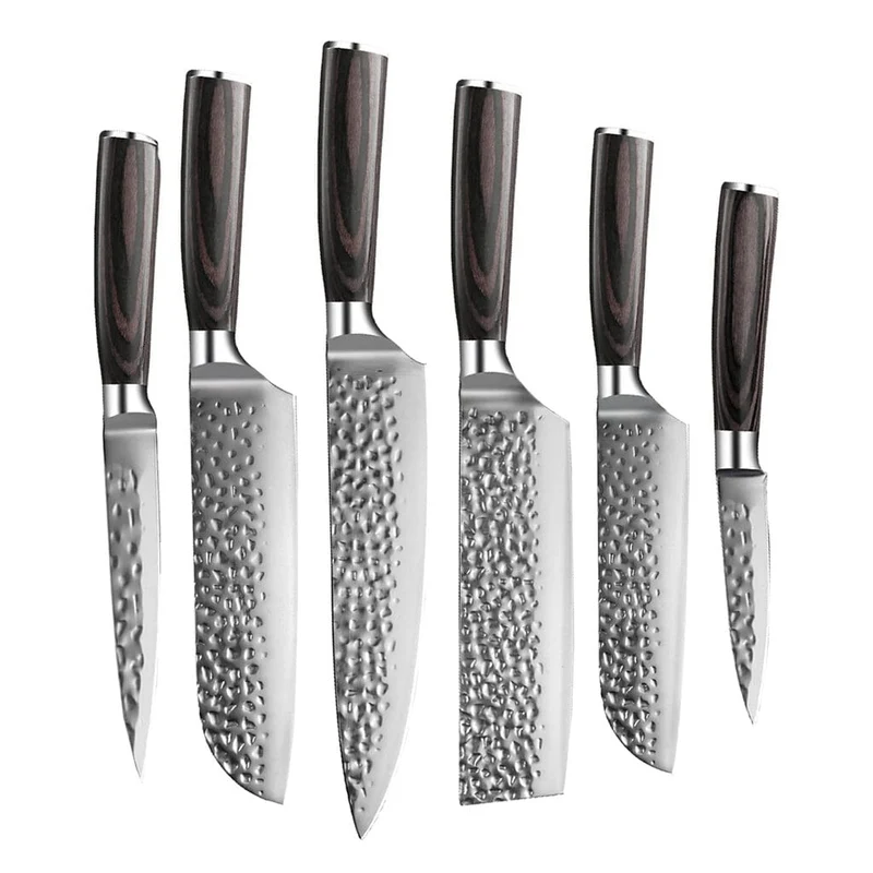 Juego de cuchillos de 6 piezas de acero inoxidable martillado.