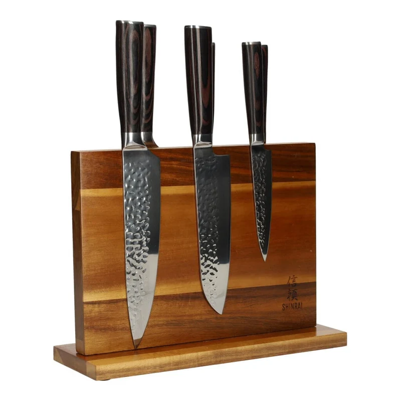 Juego de cuchillos de 6 piezas de acero inoxidable martillado + soporte de acacia de doble cara