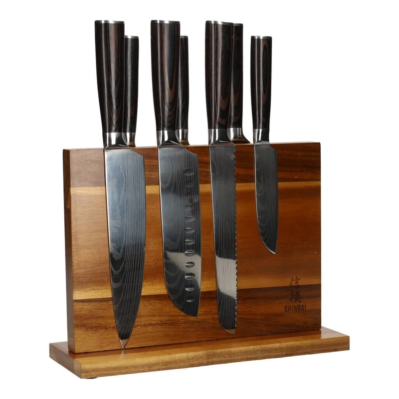 Juego de cuchillos Estampado Damasco 7 piezas + Soporte Acacia Doble cara