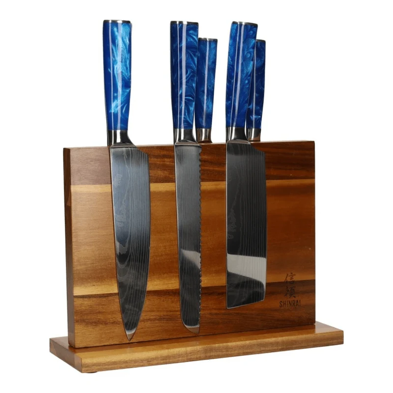 Shinrai Japan - Juego de cuchillos de 6 piezas con estampado Epoxy Sapphire Damascus + soporte de acacia de doble cara