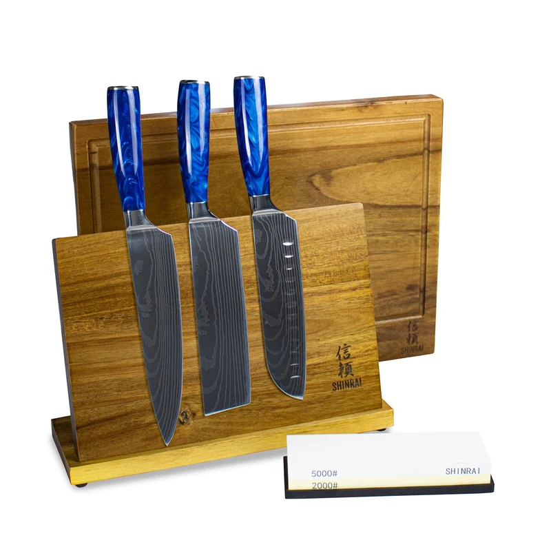 Shinrai Japan - Set de cuchillos Epoxy Sapphire de 3 piezas + piedra de afilar + soporte magnético + tabla de cortar